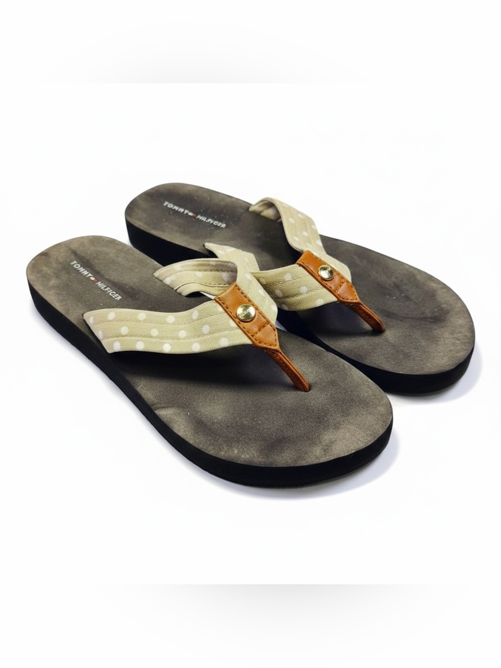 Tommy Hilfiger Beige Polka Dot and Brown Thong Sandals